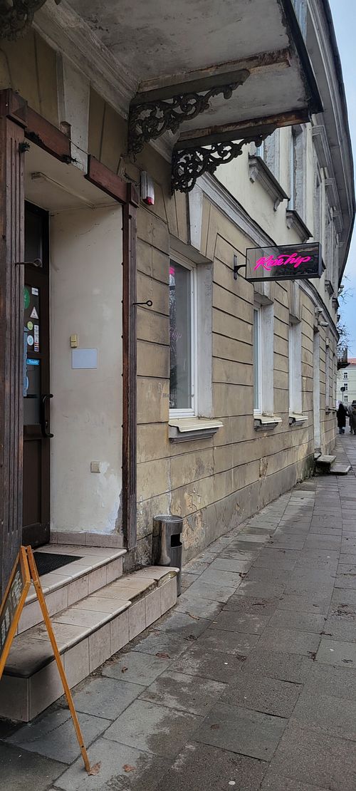 Outside at RoseHip Vegan Kebabs in Vilnius