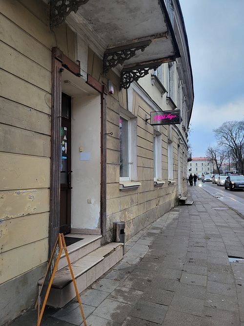 Outside at RoseHip Vegan Kebabs in Vilnius