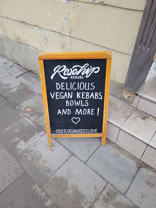 Sign at RoseHip Vegan Kebabs in Vilnius