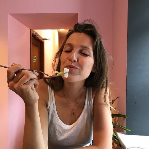 Greek salad and Lithuanian beauty  at RoseHip Vegan Kebabs in Vilnius