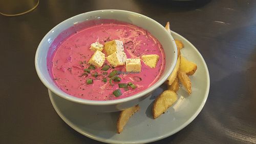 Beetroot cold soup at RoseHip Vegan Kebabs in Vilnius