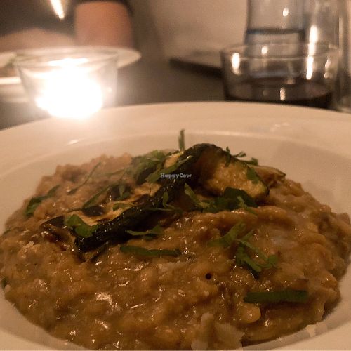 Mushroom risotto with vegan cheese at Restaurante Esperança Sé in Lisbon