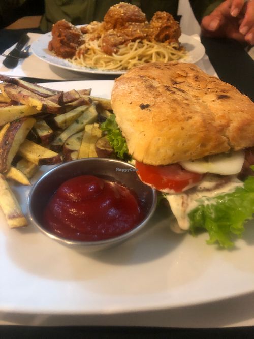Spaghetti and meatballs and eggplant sandwich  at Garden of Vegan in Urubamba