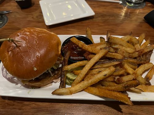 Vegan impossible burger with fries. at Bru Burger Bar in Carmel