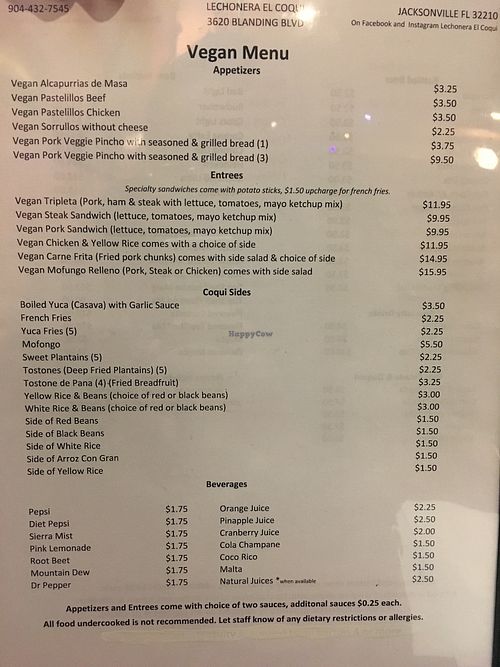 Vegan menu at Lechonera El Coqui in Jacksonville