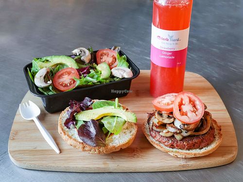 Our flagship meal, the Beyond Meat Burger, side salad and artisan beverage. at Mango Bahia in Philadelphia