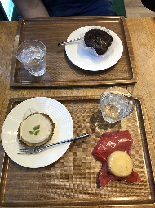 Vegan galeau chocolate, vegan soy no bake cheese cake, vegan scone (free water) at Takagiya in Tokyo
