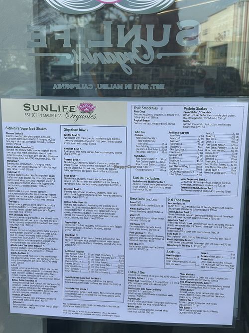 Menú  at SunLife Organics - Cross Creek Rd in Malibu