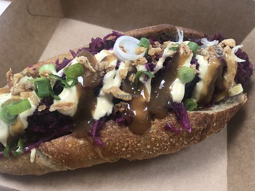 buckwheat hot dog thursday with mayo and veggies at Kucha in Ljubljana