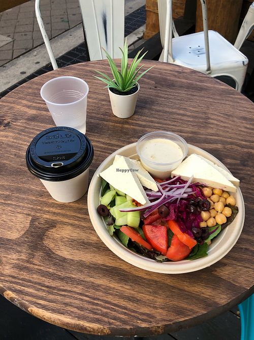 Mediterranean bowl (tofu chunks, not feta). Cafe con (almond) leche.  at Miami Fresh Cafe in Miami