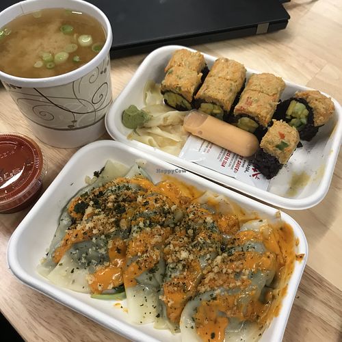 Miso soup, spicy mango roll, and seasonal dumplings. All amazing! The lunch specials are a great value   at Beyond Sushi - City Acres Market in New York City