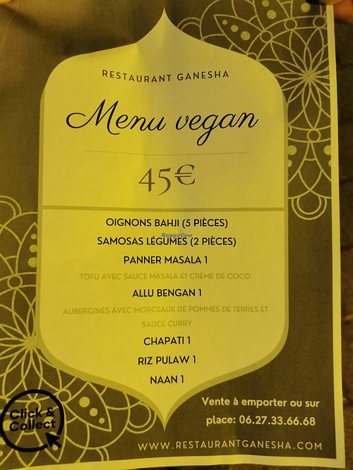Menú vegan at Ganesha Restaurant in Strasbourg