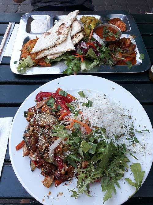 Tofu Teriyaki (front, vegan) and Thali (vegetarian)  at W Der Imbiss - Prenzlauer Berg in Berlin