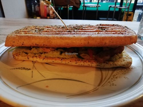 Focaccia with peanut butter, veg and their own pea version of avocado at The Glasvegan in Glasgow