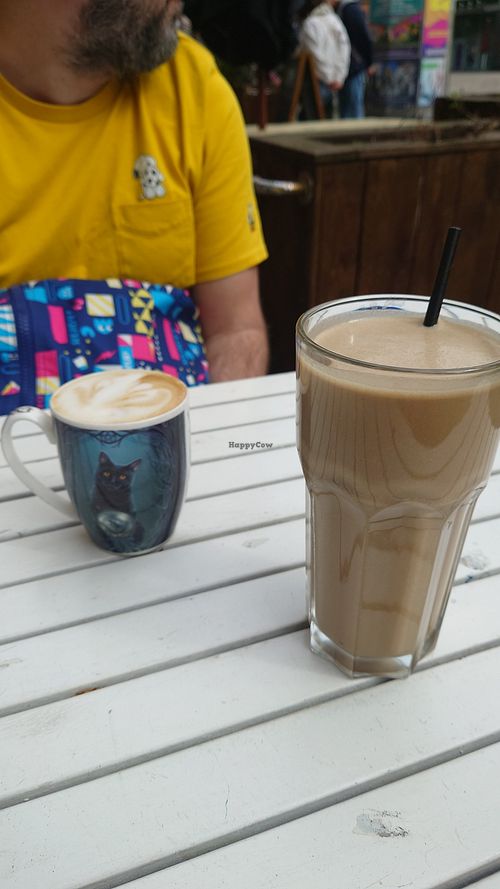 Latte and peanut butter smoothie (chunky monkey) at The Glasvegan in Glasgow