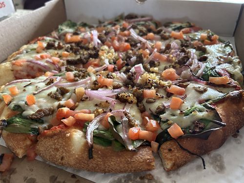 The Natural (Vegan!) with vegan sausage and vegan mozzarella cheese.   at Odd Moe's Pizza in Salem