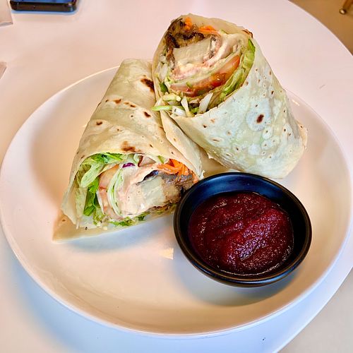 Vegan artichoke and eggplant wrap. 🍆  at Buzz Organic Food & Drink in Ao Nang