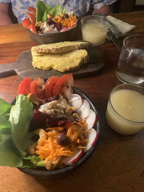 Salad, sourdough bread and guava kombucha  at TreeHouse La Selva in Playa Del Carmen