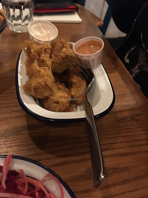 Seitan strips, with (spicey) vegan Burger sauce and vegan Mayo. Ask for vegan sauce.  at Burger Theory in Bristol