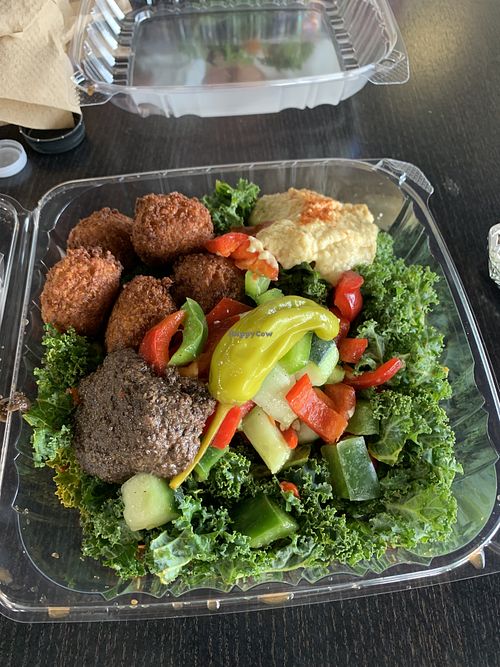 Mediterranean salad-sub kale. Falafel, olive tapenade, hummus, tahini, cucumber salad  at Mixed Greens & Grill in North Manalapan