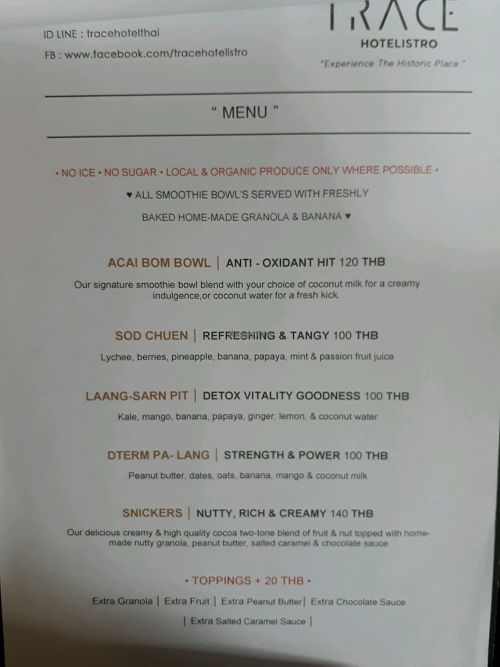 Menu at Trace Hotelistro in Chiang Mai