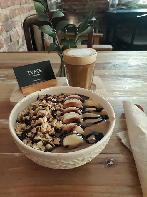 Snickers Bowl and Soy Milk Latte at Trace Hotelistro in Chiang Mai