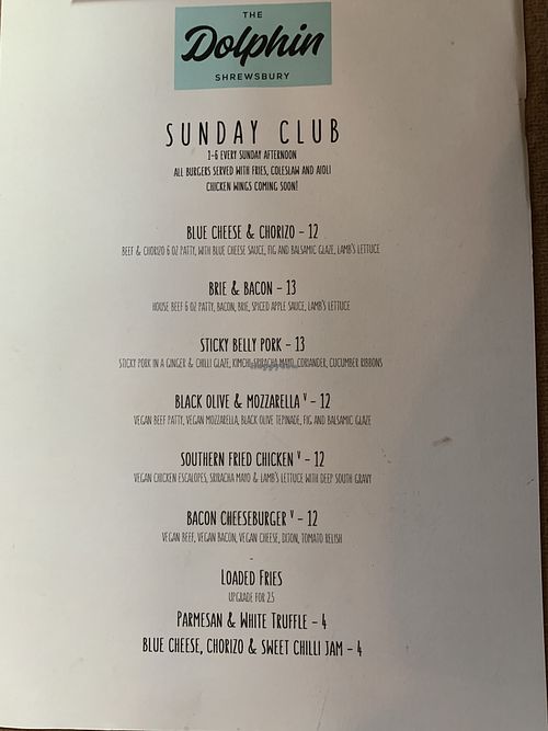 Sunday menu. Food served 1-6 at The Dolphin Inn in Shrewsbury