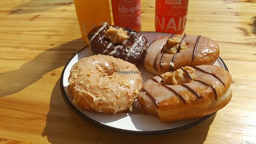 Chocolate peanut fudge, 2 banana peanut fudge and salted caramel. at Brammibal's Donuts - Prenzlauer Berg in Berlin