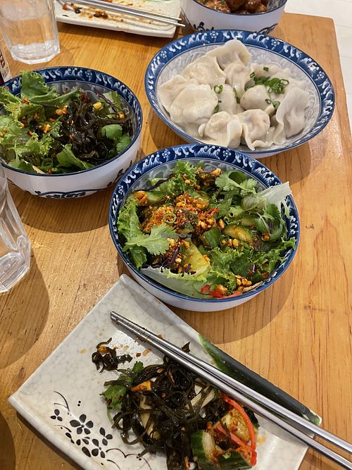 Cucumber salad, seaweed salad, steamed veggie dumplings (opt for fried instead!) at La Maison de Mademoiselle Dumpling in Montreal