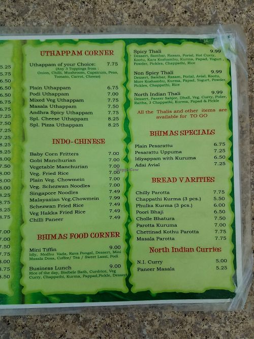 menu at Tirupathi Bhimas in Milpitas