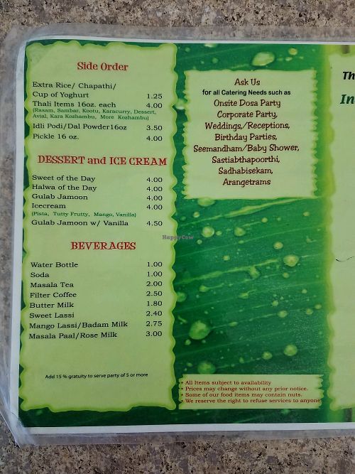 menu back at Tirupathi Bhimas in Milpitas