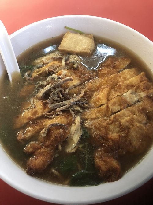 Vegan “chicken” in delicious soup with noodles  at An Xin Vegan Stall in Central Singapore