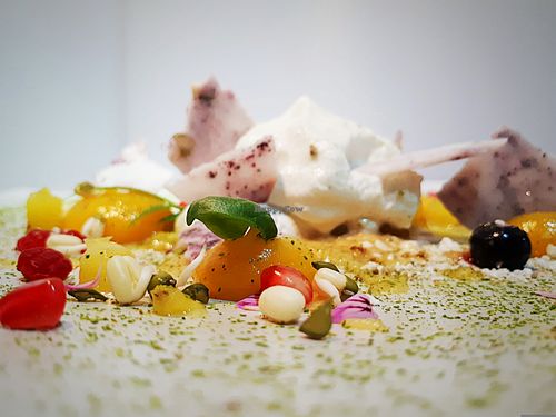 Mango, pineapple & lime tartar, coconut & sprout wafer,
buchu meringues, basil (vegan dessert does change)
 at Foliage in Franschhoek