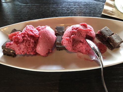 Raspberry sorbot with dark chocolate and coconut at Blue Sushi Sake Grill in Indianapolis