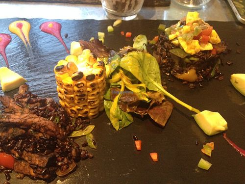 Black rice with ackee and tempeh. at Spiced Roots in Oxford