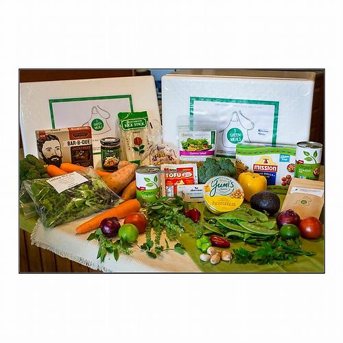 A typical box - which has ingredients and recipe for 3 vegan meals at 3 Green Meals in Kiels Mountain