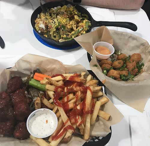 Yum! #4 skillet (so good!), popcorn chick’n and bbq cauliflower wings  at The Modern Vegan in Las Vegas