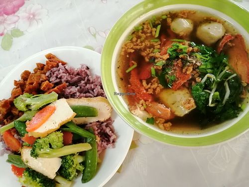 Noodle soup with fake fish balls and soy meats at Veg Restaurant in Ayutthaya
