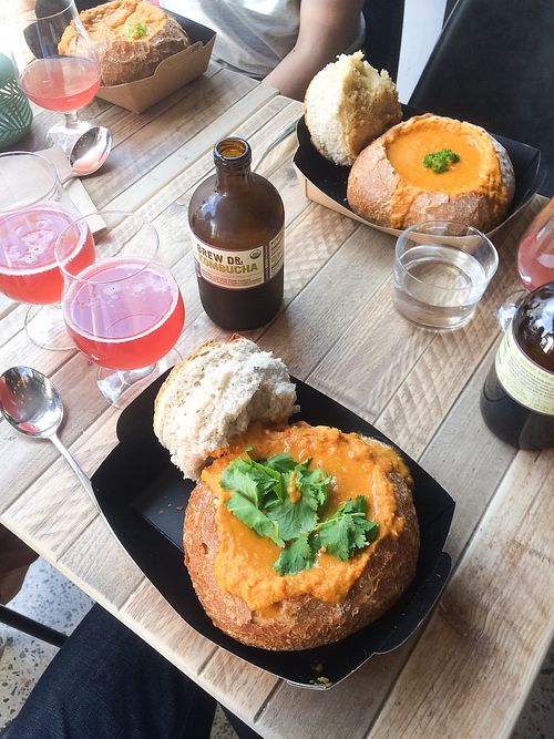 Vegan bread bowls and a delicious kombucha. at San Francisco Bread Bowl in Oslo