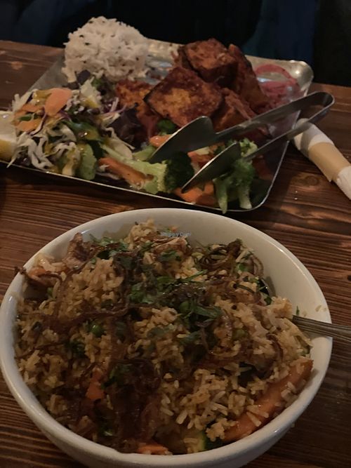 Veggie Byriani & very spicy chili garlic tofu. Very delicious and generous portions   at Aabha Indian Cuisine in Carmel-by-the-sea