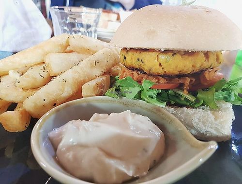 Veggie burger, with housemade vegan aioli!  at The Hairy Giraffe Cafe in Huonville