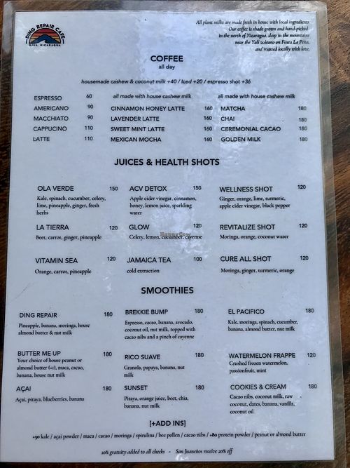 coffee juice smoothie menu (4/2025)  at Ding Repair Cafe in San Juan Del Sur