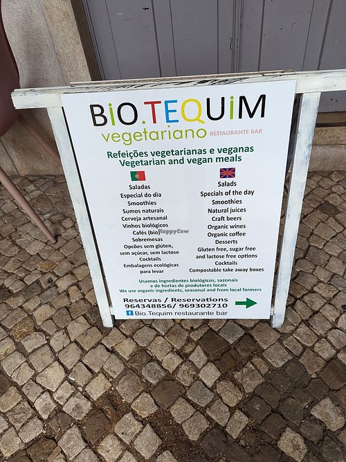 Sign outside at Bio.Tequim Vegetariano Restaurante in Tavira