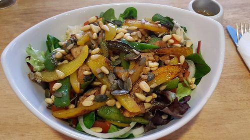 Vegan Tofu and pepper superfood salad at Earth's Bounty in Bolton