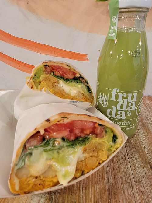 Chickpea burrito and an aloe drink at Edgy Veggy in Sofia