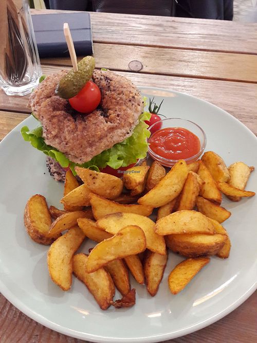 Burger with fries - plate costs 6 EUR. at Edgy Veggy in Sofia