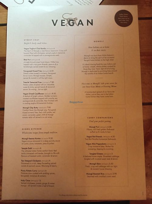 Menu at Mowgli - Grand Central in Birmingham