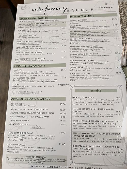 Menu at L'Artisane Creative Bakery in Coral Gables