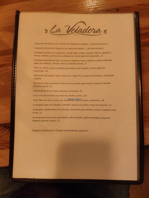 Menu at La Voladora in Alicante