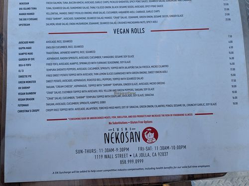 Vegan menu at Sushi Nekosan in La Jolla